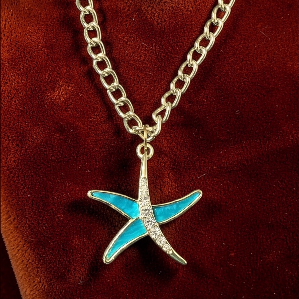 Heidi Daus Gold Starfish Pendant with Turquoise Enamel & Swarovski Crystals NWOT - Picture 2 of 11